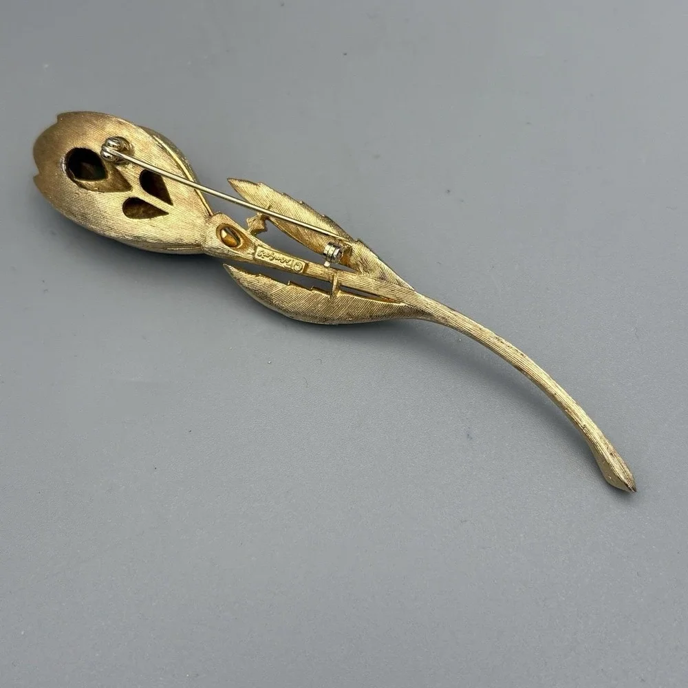 Vintage Francois Coro Brooch Tulip Flower Pin Goldtone Red Stone MCM